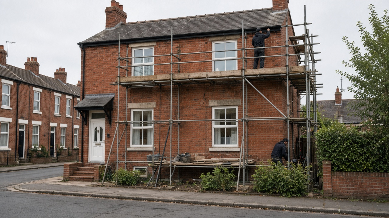 House with scaffolding for a small build
